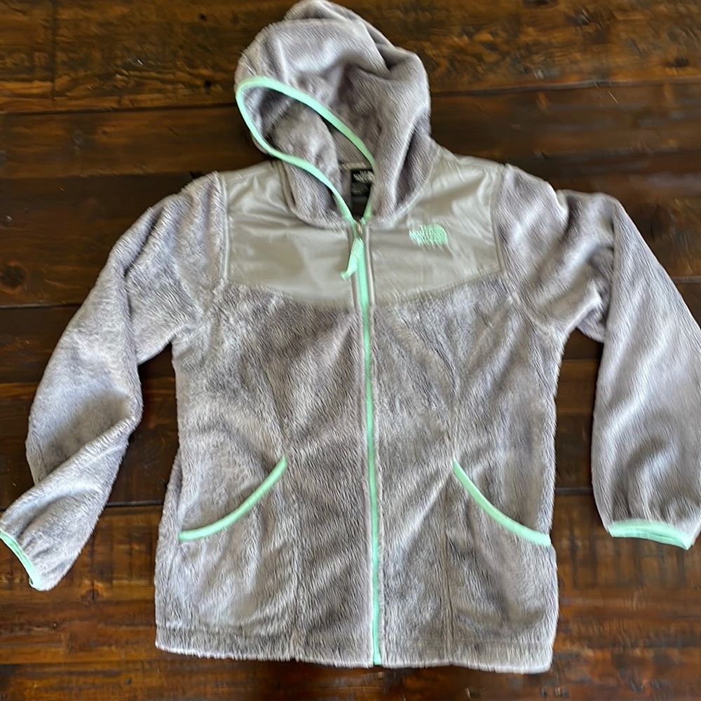 The North Face hooded zippered fleece in gray. Girls size XL (18). GUC.